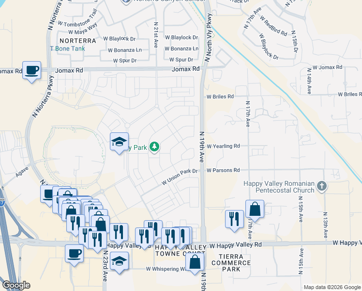 map of restaurants, bars, coffee shops, grocery stores, and more near 1945 West Yearling Road in Phoenix