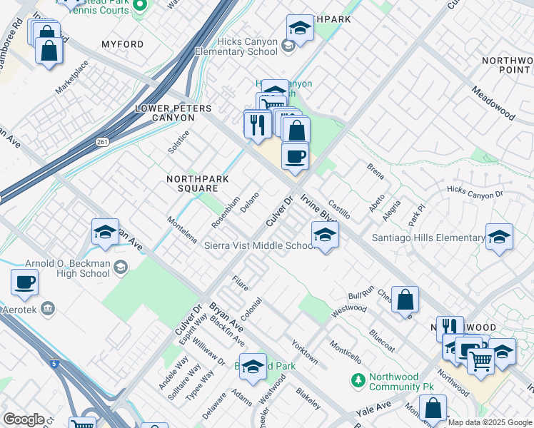 map of restaurants, bars, coffee shops, grocery stores, and more near 2 Iron Springs in Irvine