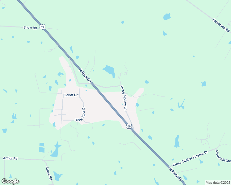 map of restaurants, bars, coffee shops, grocery stores, and more near 269 Frosty Hollow Road in Denison