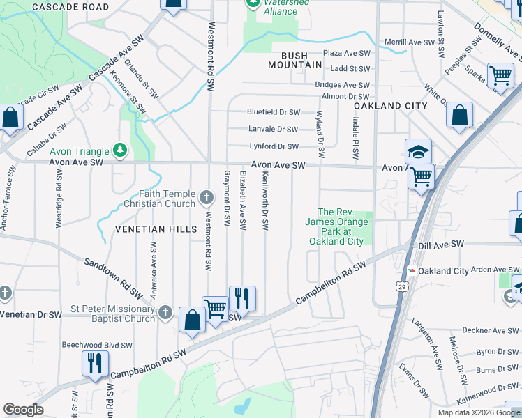 map of restaurants, bars, coffee shops, grocery stores, and more near 1279 Kenilworth Drive Southwest in Atlanta
