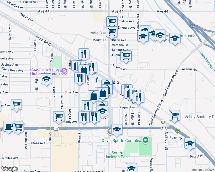 map of restaurants, bars, coffee shops, grocery stores, and more near 45212 Fargo Street in Indio