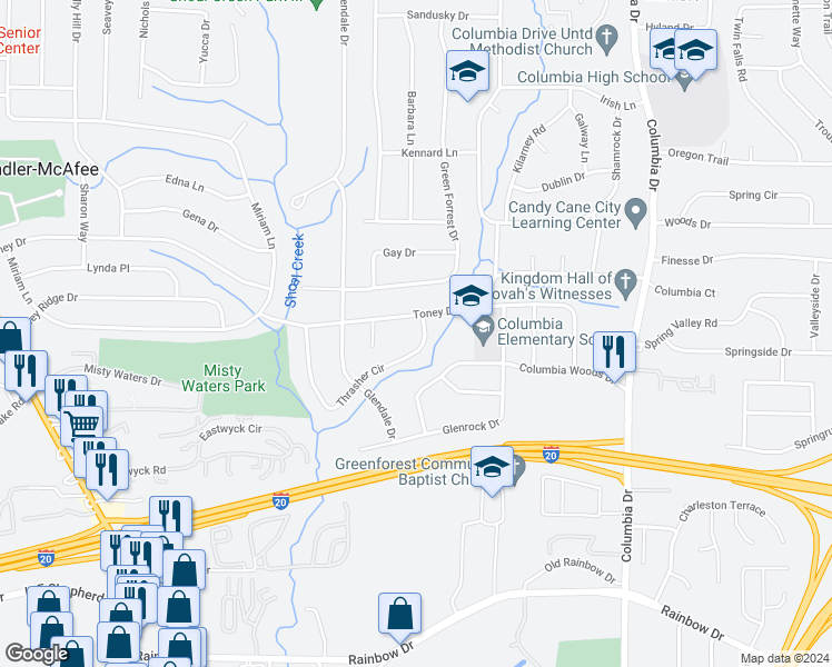 map of restaurants, bars, coffee shops, grocery stores, and more near 3210 Thrasher Circle in Decatur