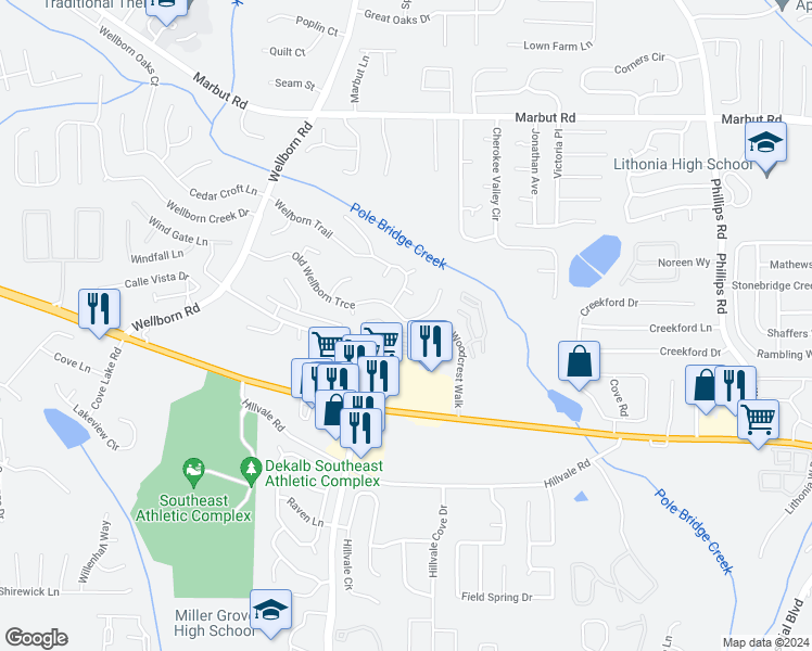 map of restaurants, bars, coffee shops, grocery stores, and more near 6037 Old Wellborn Trce in Lithonia