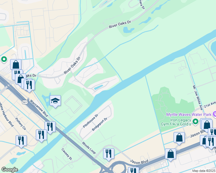 map of restaurants, bars, coffee shops, grocery stores, and more near 624 Waterway Village Boulevard in Myrtle Beach