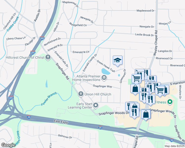 map of restaurants, bars, coffee shops, grocery stores, and more near 2331 Emerald Lake Court in Decatur