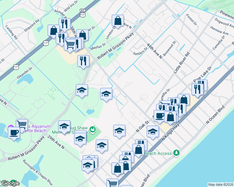 map of restaurants, bars, coffee shops, grocery stores, and more near 3795 Hitchcock Way in Myrtle Beach