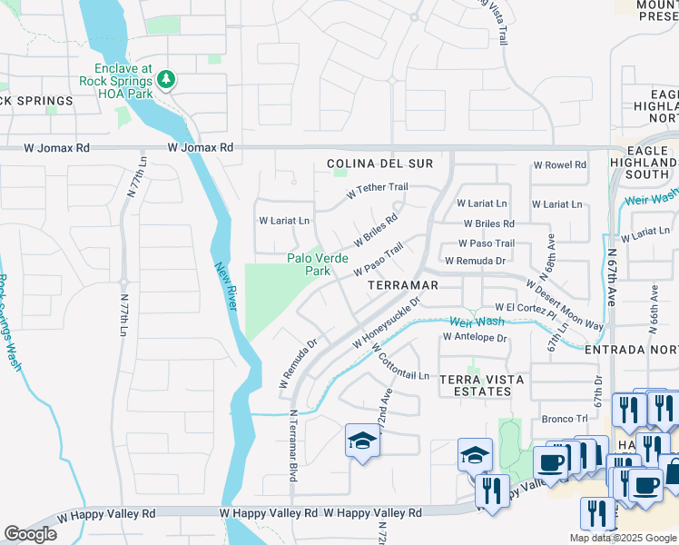 map of restaurants, bars, coffee shops, grocery stores, and more near 7318 West Paso Trail in Peoria