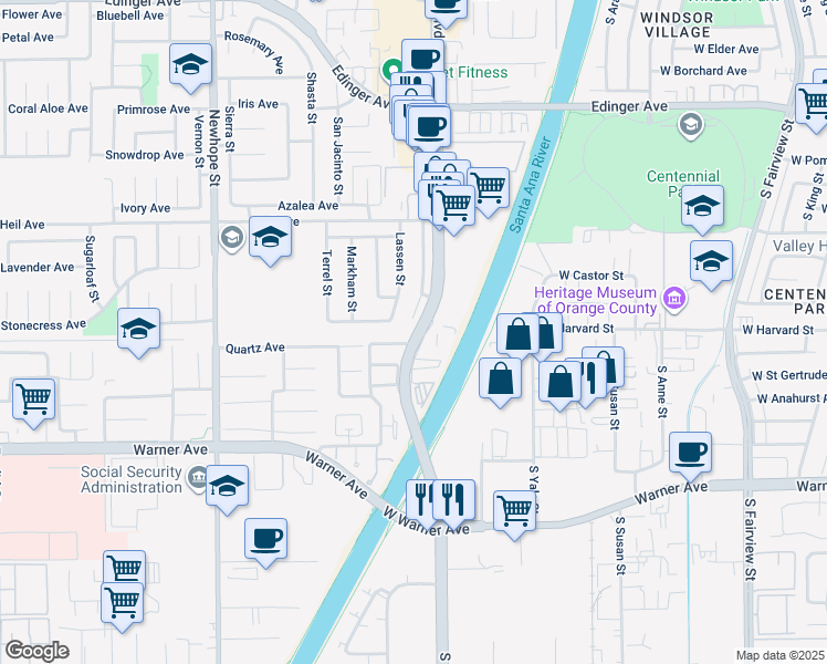 map of restaurants, bars, coffee shops, grocery stores, and more near 2 Harbor Boulevard in Santa Ana