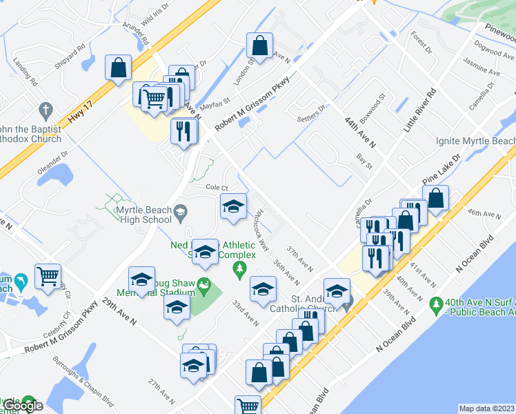 map of restaurants, bars, coffee shops, grocery stores, and more near 3753 Block House Way in Myrtle Beach