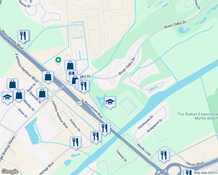 map of restaurants, bars, coffee shops, grocery stores, and more near 65-D River Oaks Drive in Myrtle Beach