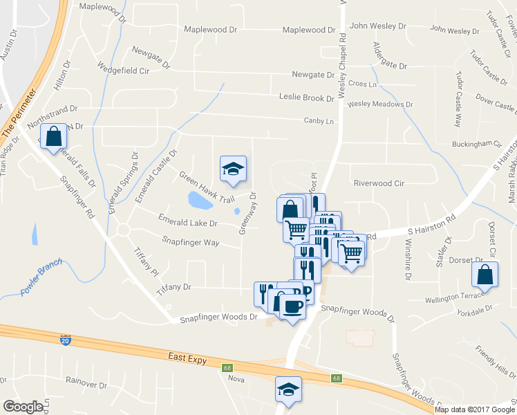 map of restaurants, bars, coffee shops, grocery stores, and more near 2326 Greenway Drive in Decatur