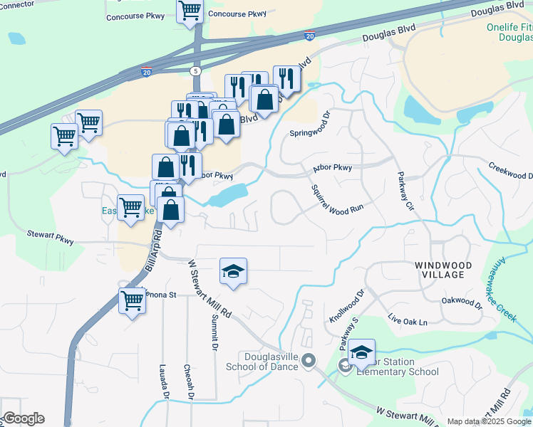 map of restaurants, bars, coffee shops, grocery stores, and more near 9634 Fox Hunt Circle North in Douglasville