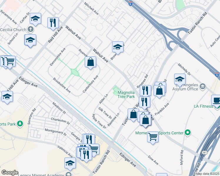 map of restaurants, bars, coffee shops, grocery stores, and more near 14641 Alder Lane in Tustin