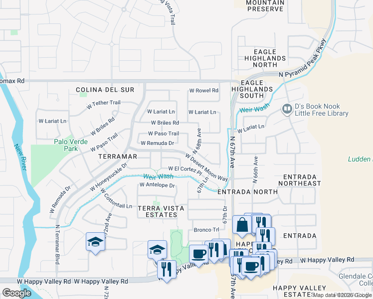 map of restaurants, bars, coffee shops, grocery stores, and more near 6829 West Yearling Road in Peoria