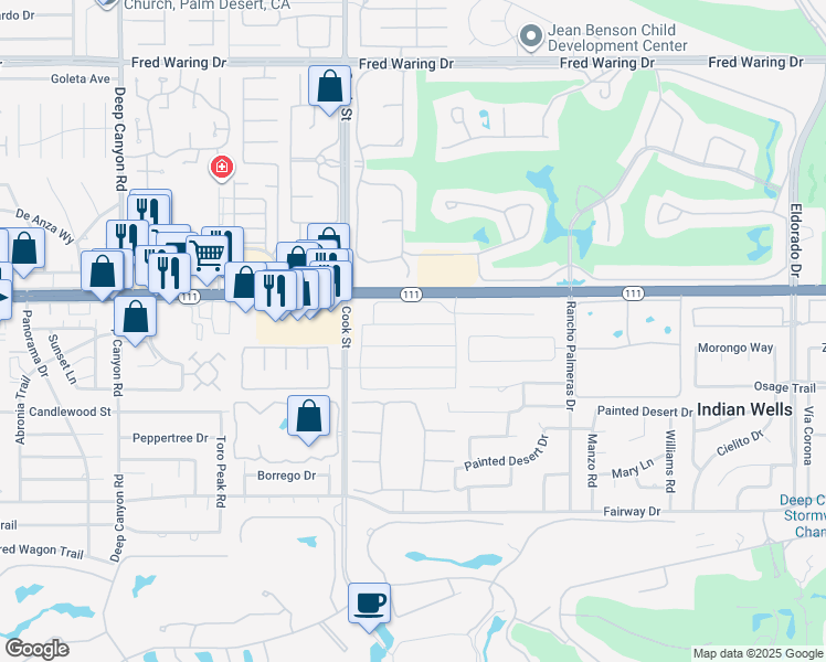 map of restaurants, bars, coffee shops, grocery stores, and more near 75145 Promontory Place in Indian Wells