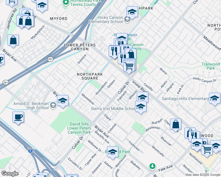 map of restaurants, bars, coffee shops, grocery stores, and more near 15 Pacific Crest in Irvine