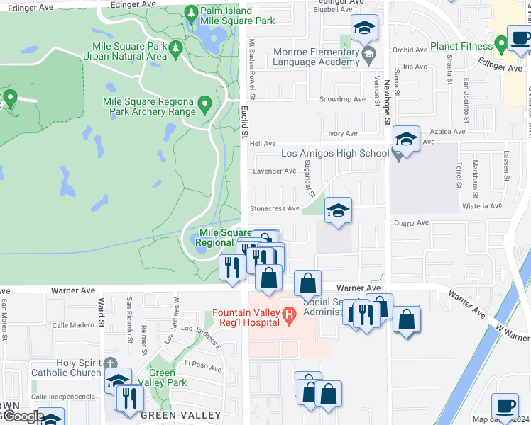 map of restaurants, bars, coffee shops, grocery stores, and more near 11074 Stonecress Avenue in Fountain Valley