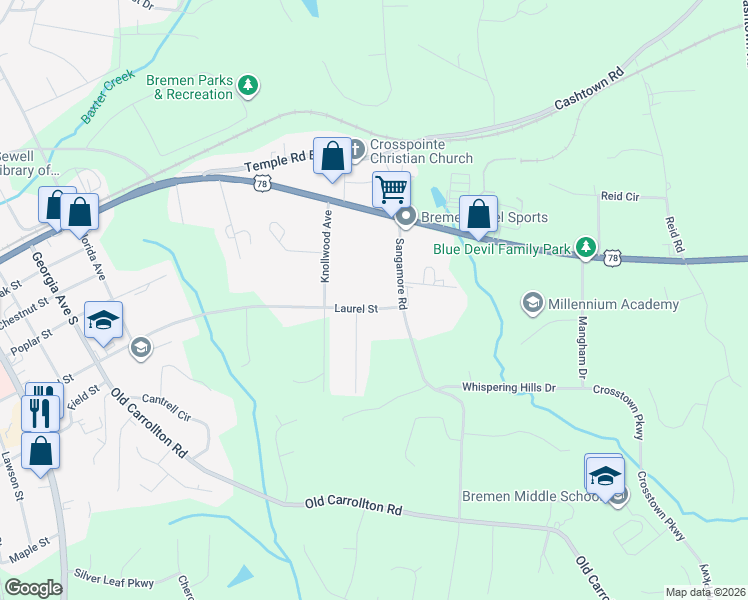 map of restaurants, bars, coffee shops, grocery stores, and more near 910 Laurel Street in Bremen