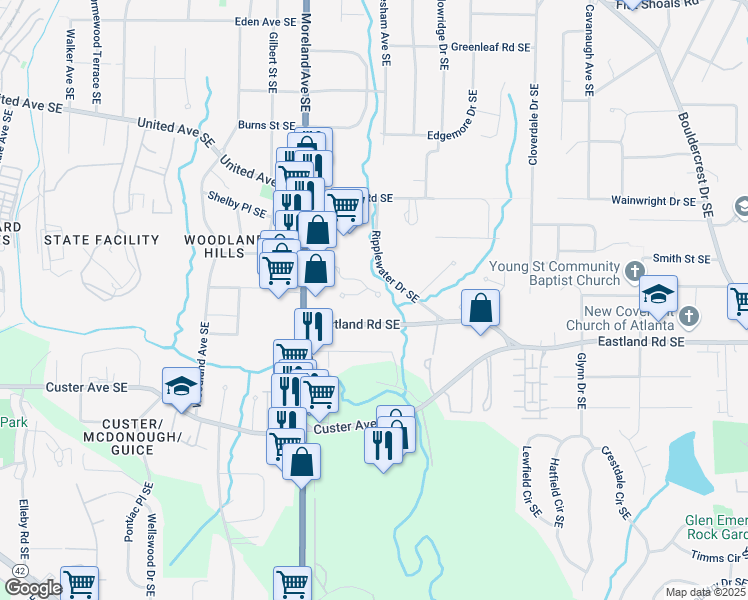 map of restaurants, bars, coffee shops, grocery stores, and more near 2571 Village Creek Landing Southeast in Atlanta