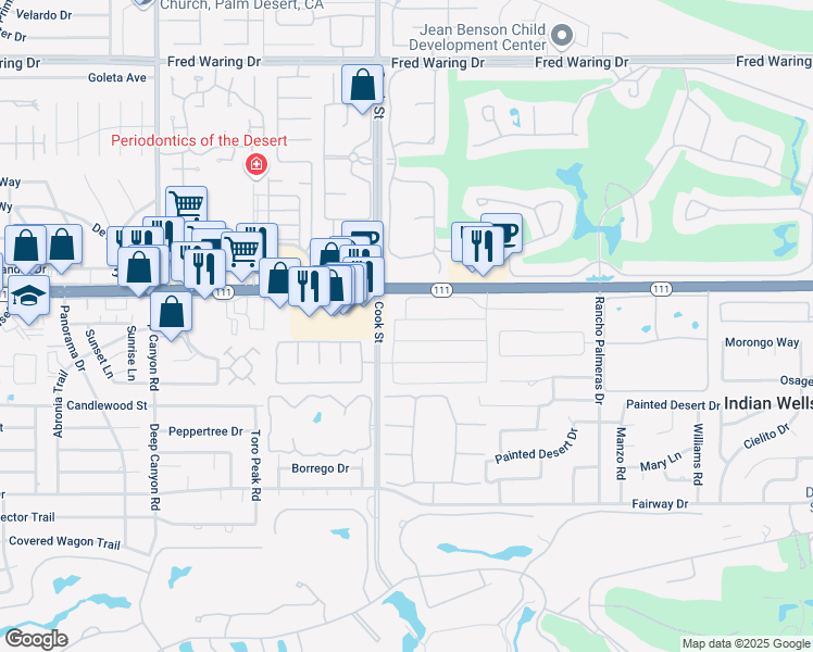 map of restaurants, bars, coffee shops, grocery stores, and more near 75065 Promontory Place in Indian Wells