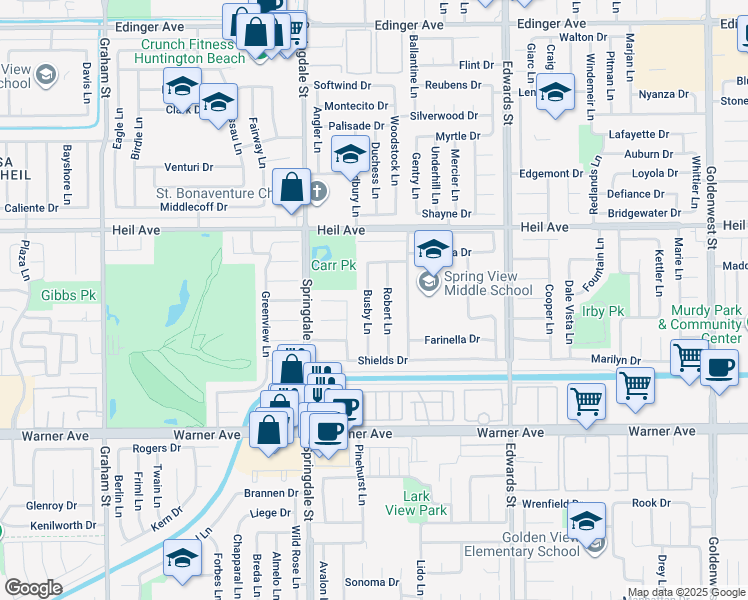 map of restaurants, bars, coffee shops, grocery stores, and more near 16652 Busby Lane in Huntington Beach