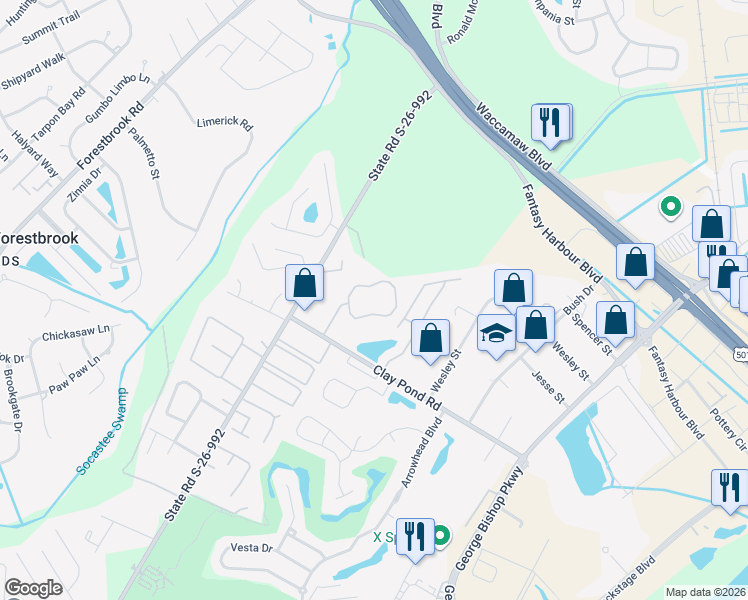 map of restaurants, bars, coffee shops, grocery stores, and more near 109 Rexford Court in Myrtle Beach