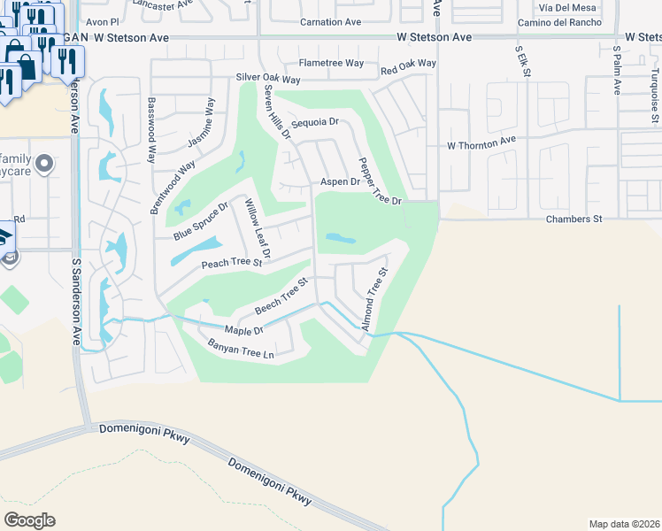 map of restaurants, bars, coffee shops, grocery stores, and more near 2124 Pecan Tree Street in Hemet