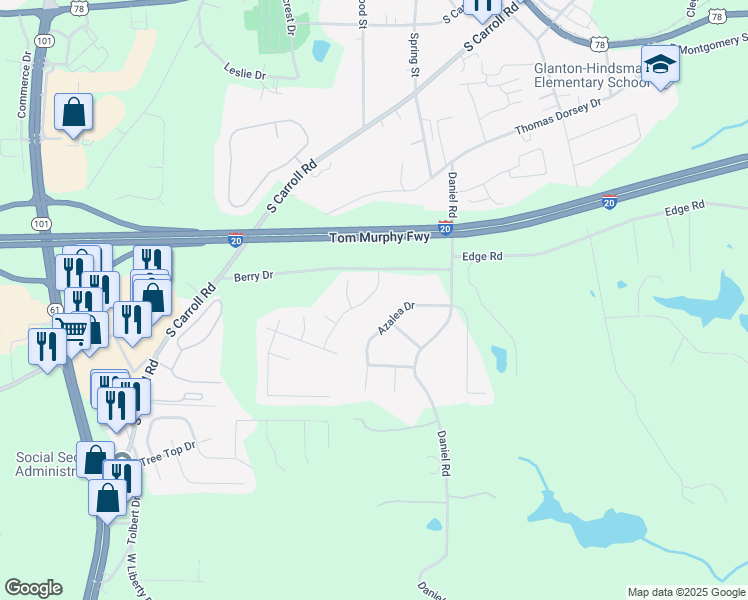 map of restaurants, bars, coffee shops, grocery stores, and more near 112 Ashbury Drive in Villa Rica