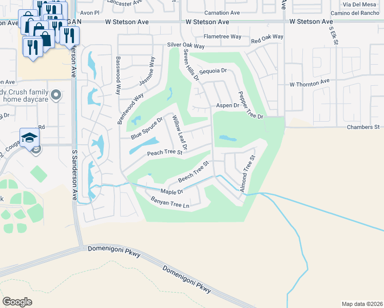 map of restaurants, bars, coffee shops, grocery stores, and more near 2591 Peach Tree Street in Hemet