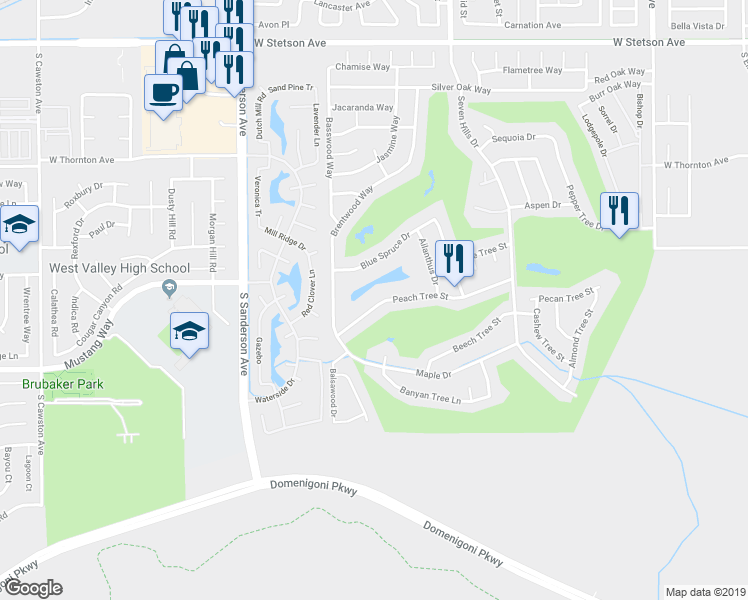 map of restaurants, bars, coffee shops, grocery stores, and more near 2868 Peach Tree Street in Hemet