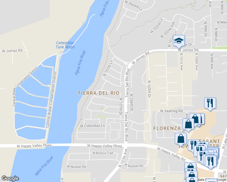 map of restaurants, bars, coffee shops, grocery stores, and more near 10742 West Paso Trail in Peoria