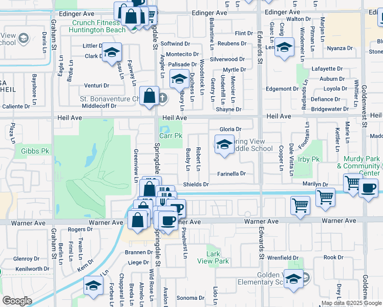 map of restaurants, bars, coffee shops, grocery stores, and more near 16652 Busby Lane in Huntington Beach