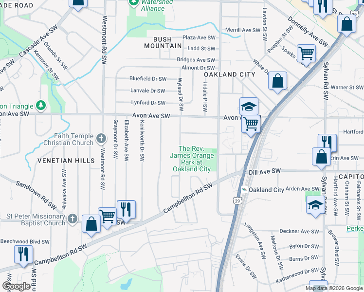 map of restaurants, bars, coffee shops, grocery stores, and more near 1278 Epworth Street Southwest in Atlanta