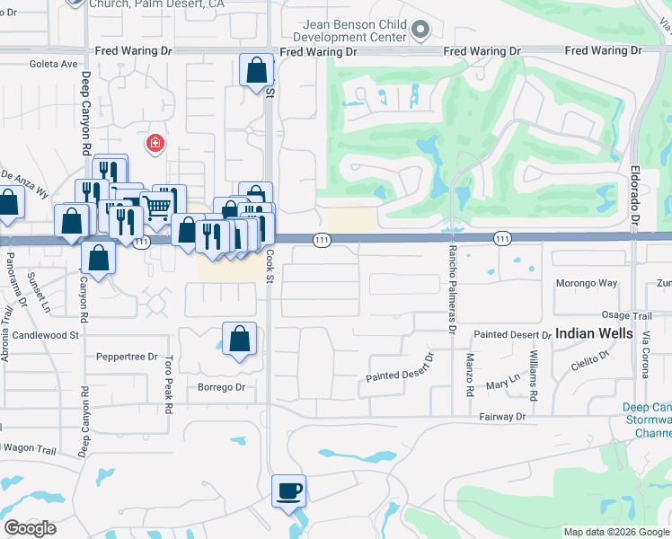 map of restaurants, bars, coffee shops, grocery stores, and more near 75177 Promontory Place in Indian Wells