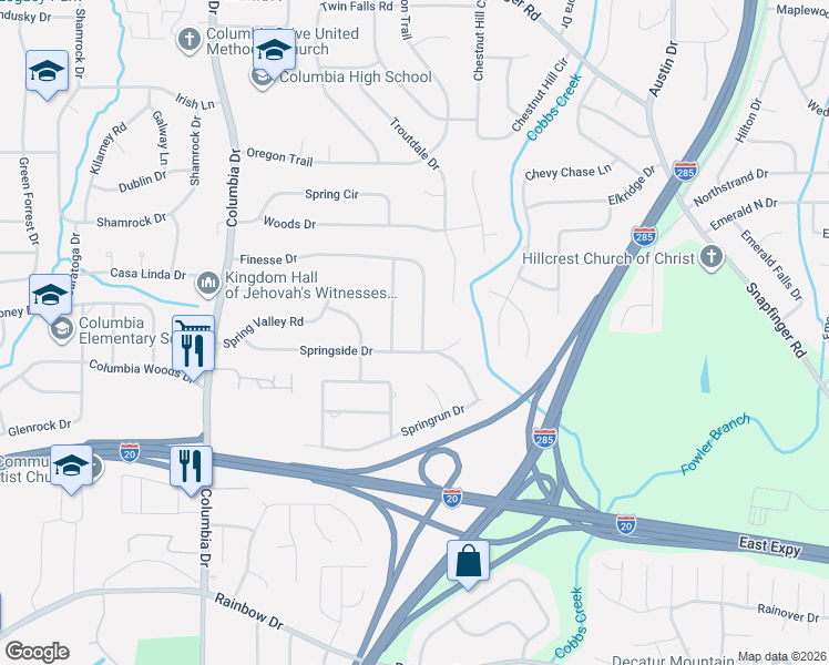 map of restaurants, bars, coffee shops, grocery stores, and more near 2335 Springside Way in Decatur