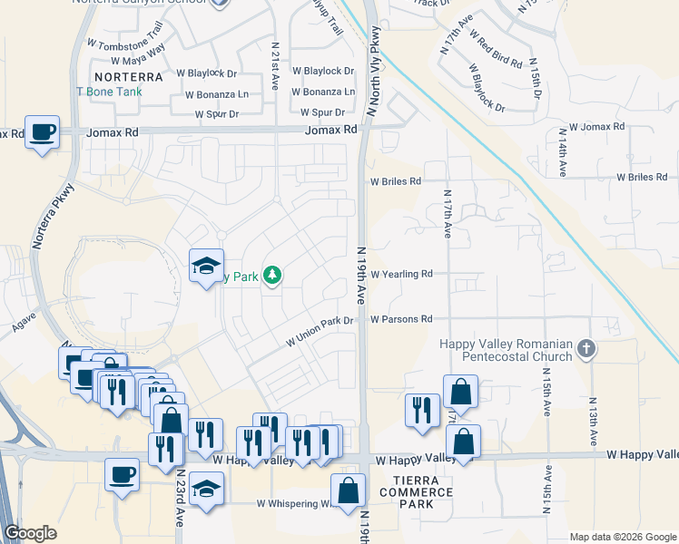 map of restaurants, bars, coffee shops, grocery stores, and more near 1910 West Andalusian Trail in Phoenix