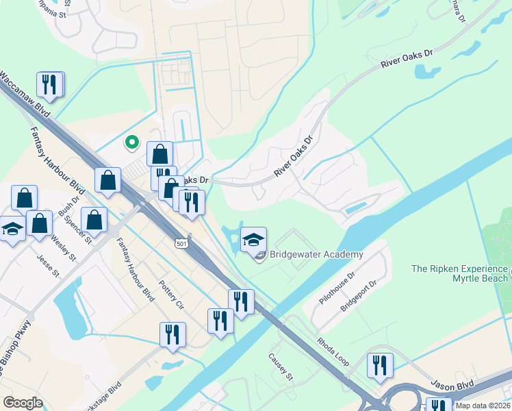 map of restaurants, bars, coffee shops, grocery stores, and more near 492 River Oaks Drive in Myrtle Beach