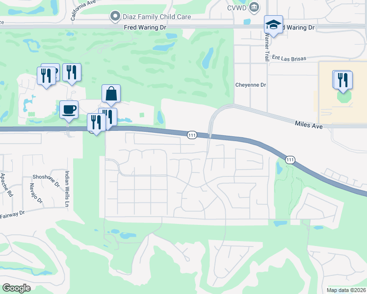 map of restaurants, bars, coffee shops, grocery stores, and more near 76931 Tomahawk Run in Indian Wells