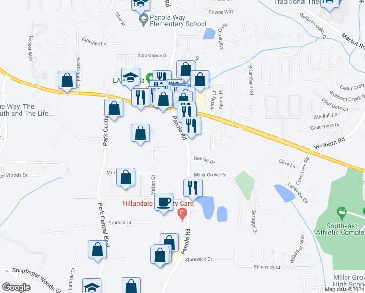 map of restaurants, bars, coffee shops, grocery stores, and more near 2361 Panola Road in Lithonia