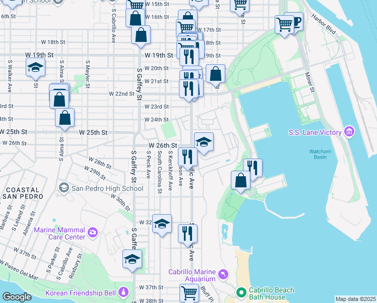 map of restaurants, bars, coffee shops, grocery stores, and more near 2617 South Pacific Avenue in Los Angeles