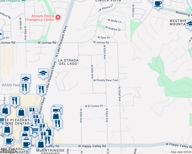 map of restaurants, bars, coffee shops, grocery stores, and more near 26011 North 94th Avenue in Peoria