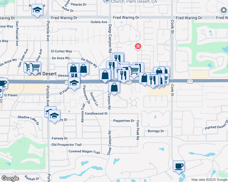 map of restaurants, bars, coffee shops, grocery stores, and more near 74672 Shadow Hills Road in Palm Desert
