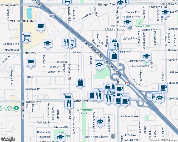 map of restaurants, bars, coffee shops, grocery stores, and more near 16692 Ross Lane in Huntington Beach