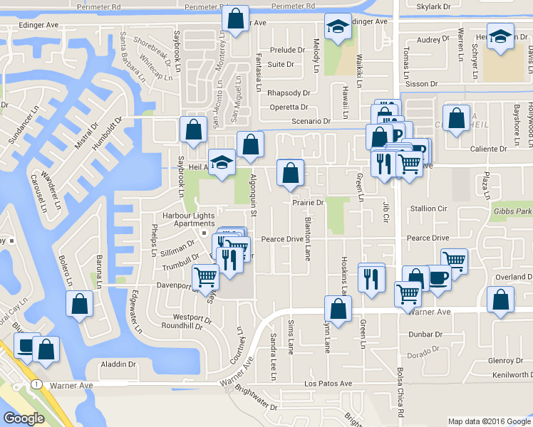 map of restaurants, bars, coffee shops, grocery stores, and more near 16662 Algonquin Street in Huntington Beach