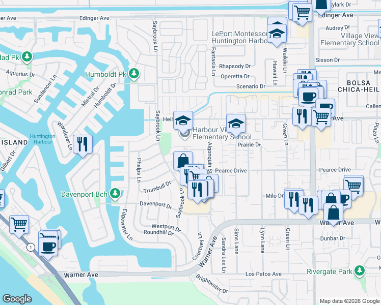 map of restaurants, bars, coffee shops, grocery stores, and more near 4422 Sea Harbour Drive in Huntington Beach