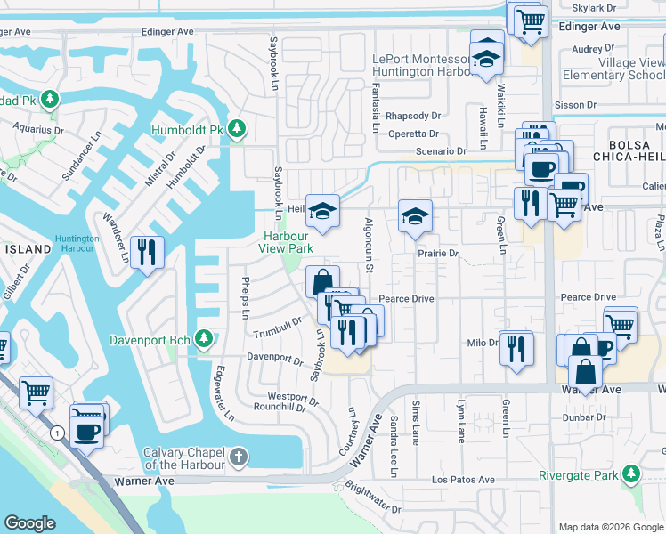 map of restaurants, bars, coffee shops, grocery stores, and more near 4422 Sea Harbour Drive in Huntington Beach