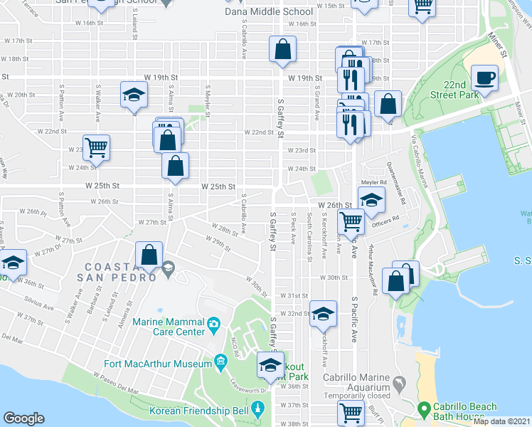 map of restaurants, bars, coffee shops, grocery stores, and more near 760 West 27th Street in Los Angeles
