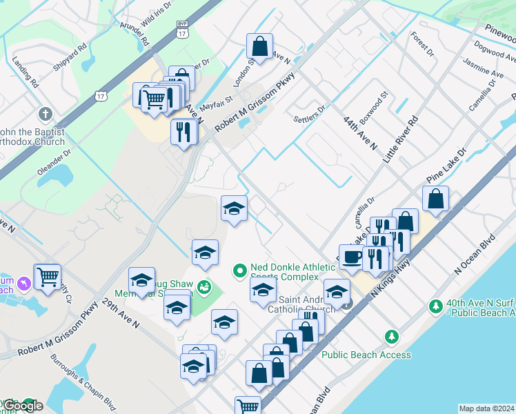 map of restaurants, bars, coffee shops, grocery stores, and more near 3753 Block House Way in Myrtle Beach