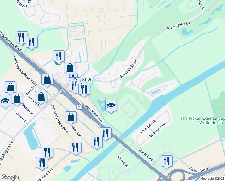 map of restaurants, bars, coffee shops, grocery stores, and more near 492 River Oaks Drive in Myrtle Beach