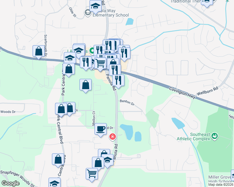 map of restaurants, bars, coffee shops, grocery stores, and more near 2358 Panola Road in Lithonia